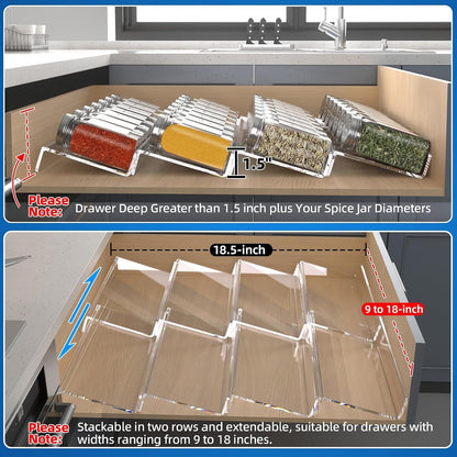 Clear Acrylic Spice Drawer Organizer, 4 Tier- 2 Set Expandable from 9" to 18" Seasoning Jars Drawers Insert, Kitchen Spice Rack Tray for Drawer/Countertop (Jars Not Included)4