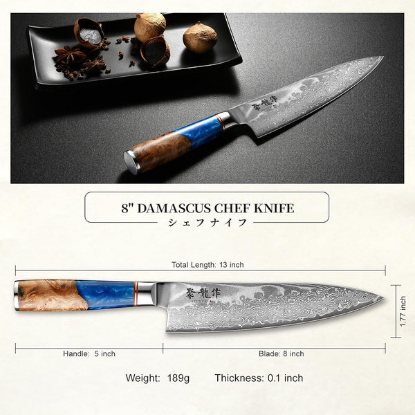 Japanese Chef Knife, 8 Inch Damascus Kitchen Knife with VG10 Steel, Ultra Sharp Professional Cooking Knives with Resin Wood Handle, Gift Box for Home & Restaurant5