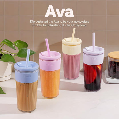 Ava 18Oz Glass Tumbler with Straw and Lid for Iced Coffee, Lemon | Fluted Glass Cup with Silicone Grip & Straw for Iced Drinks, Splash-Resistant Lid, Dishwasher Safe Parts, & Car Cup Friendly5