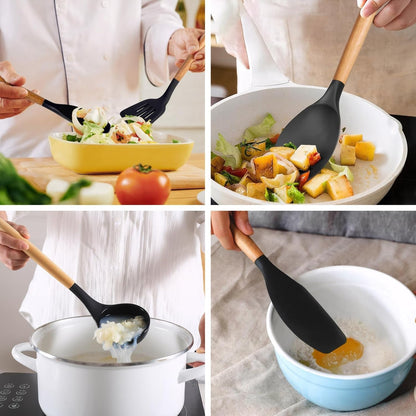 Silicone Kitchen Utensils Set of 6, Cooking Utensils Set with Heat Resistant Wooden Handle, Nonstick Silicone Spatula Spoon Turner Ladle, Cooking Kitchen Gadget for Cookware & Baking BPA FREE9