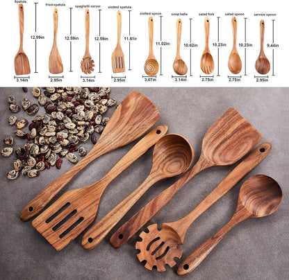 Wooden Kitchen Utensils Set, 9 PCE Natural Teak Wooden Spoons for Non-Stick Pan for Cooking,3