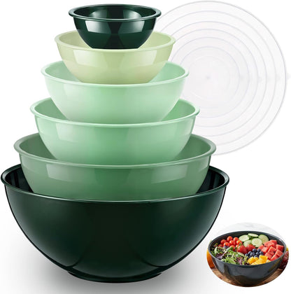 6 Pcs Plastic Mixing Bowl Set with Lids Colorful Serving Bowl Nesting Storage Bowls for Kitchen, Baking, Prepping, Cooking and Serving Food, Dishwasher & Microwave Safe(Green)1