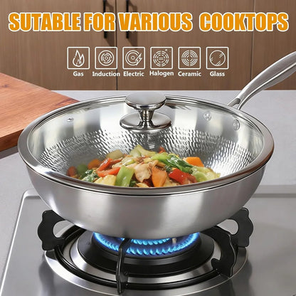 Titanium Hammered Wok Pan with Lid, Pure Titanium Pans for Cooking, No Coating Non-Stick Flat Bottom Wok, Ultra-Durable, Scratch-Resistant, Compatible with All Cooktops,12.6In5