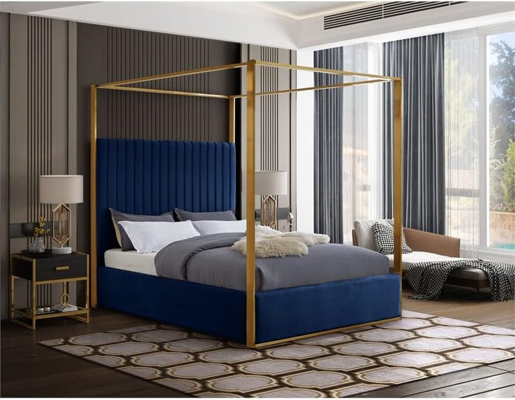 contemporary-velvet-king-bed-navy-finish-deep-channel-tufting-brushed-brass-metal-frame-full-slats-canopy-height-78-5-headboard-height-60-5-elegant-bedroom-furniture