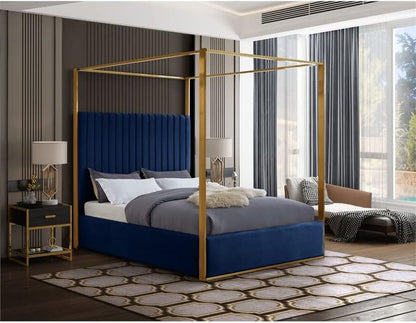 Contemporary Velvet King Bed, Navy Finish, Deep Channel Tufting, Brushed Brass Metal Frame, Full Slats, Canopy Height 78.5", Headboard Height 60.5", Elegant Bedroom Furniture11