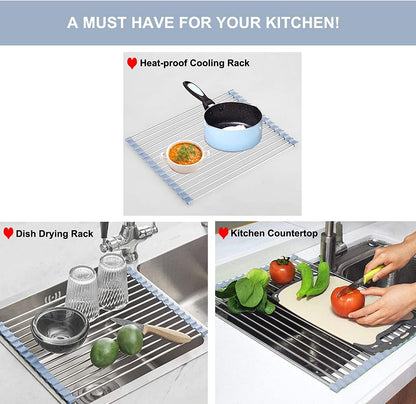 over the Sink Dish Drying Rack, Roll up Dish Drying Rack Kitchen Dish Rack Stainless Steel Sink Drying Rack, Foldable Dish Drainer, 17.5''X11.8''4