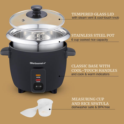 ERC006SS 6-Cup Electric Rice Cooker with Stainless Steel Inner Pot, Makes Soups, Stews, Porridges, Grains and Cereals, 6 Cup (3 Cups Uncooked), Black4