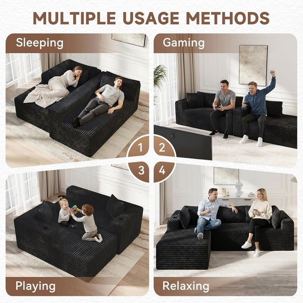 106" L Shaped Cloud Sectional Couch with Chaise, Corduroy Boneless Couch with Wide Armrests and Cup Holders for Living Room Bedroom, No Assembly Required (Black)7