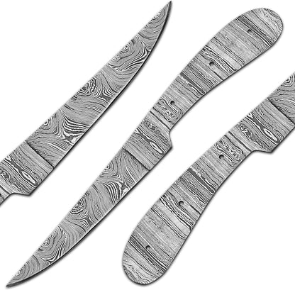 Damascus Steel Fillet Knife Kit, 10 Inches Overall, Fixed Blade, DIY Knifemaking Supplies. Kitchen Knife, Fish Fillet Blank Blade, Large, Amj-Fillet-011