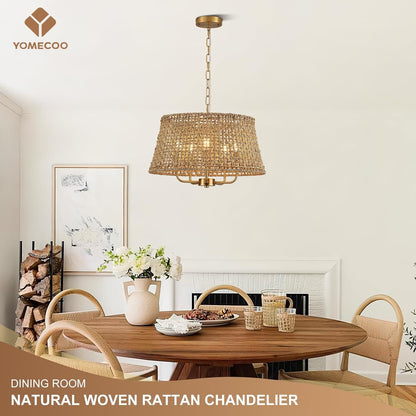 19.7" Boho Rattan Chandelier, 5-Light Gold Wicker Light Fixture7