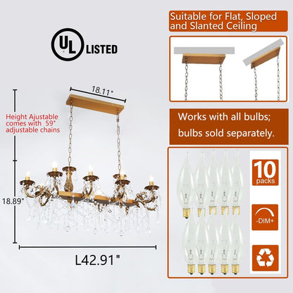 Crystal Chandeliers Contemporary Chandelier Island Lighting 10 Lights Candle Rectangle Hanging Ceiling Pendant Light Fixture for Dining Room Living Room Kitchen Island Entry L42.913