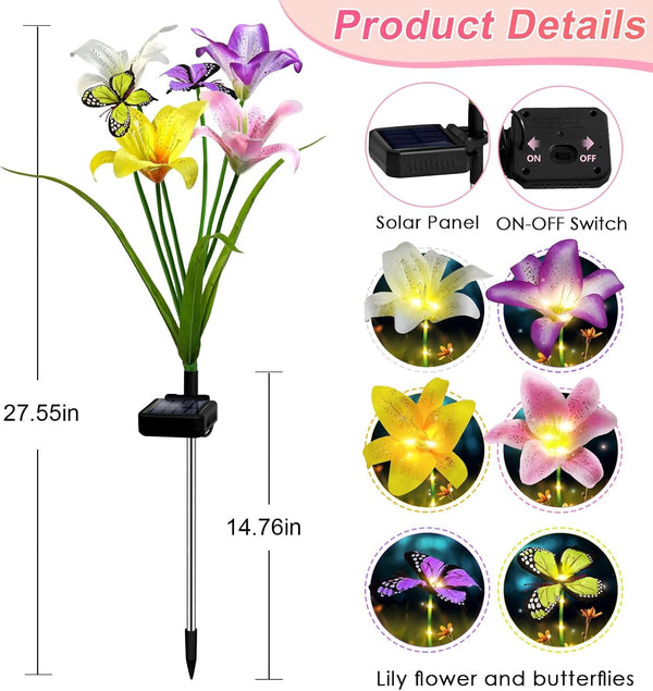 Solar Garden Lights Outdoor 4 Pack Lily Lights with Butterflies, Waterproof5