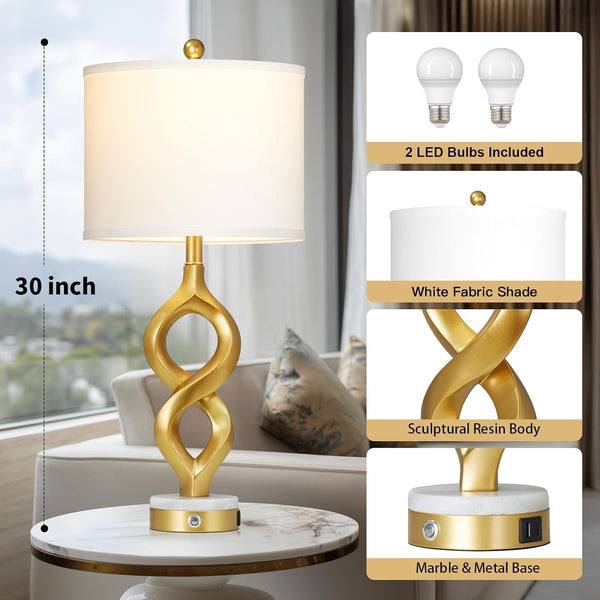 White and Gold Table Lamps Set of 2 for Living Room, 30" Tall Touch Control Bedside Lamps for Bedroom Nightstand, 3-Way Dimmable Modern Decorative Table Lamp with USB A+C Ports and 2 LED Bulbs2