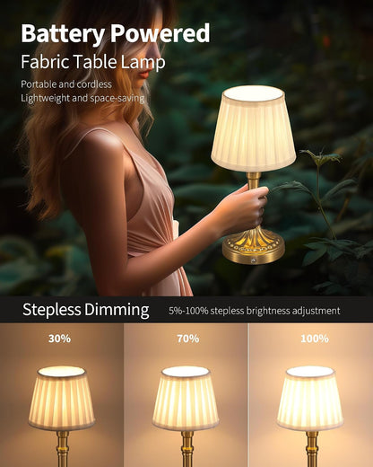 Gold Cordless Table Lamps Set of 2, Beige Fabric Shade Small Desk Lamp4