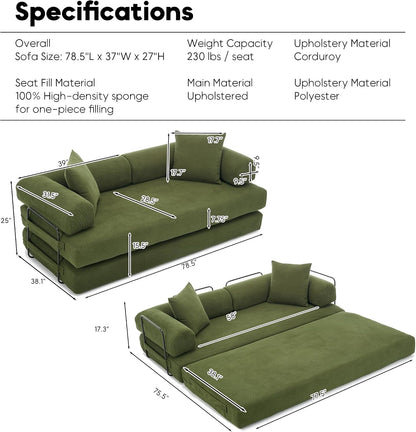 78" Convertible Futon Sofa Bed, Boneless Couches for Living Room, Green2