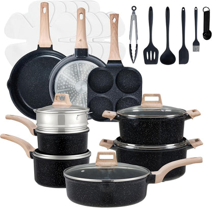 Pots and Pans Set, 25 Pcs Nonstick Kitchen Cookware Set, Induction Kitchen Cooking, Non-Toxic Frying Pans & Saucepans (PFOA/PFOS Free) Black1