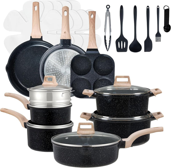 Pots and Pans Set, 25 Pcs Nonstick Kitchen Cookware Set, Induction Kitchen Cooking, Non-Toxic Frying Pans & Saucepans (PFOA/PFOS Free) Black1