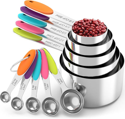 Nesting Measuring Cups and Spoons Set, Stainless Steel with Soft Silicone Handle – Heavy Duty & Dishwasher Safe for Measuring Dry/Liquid Ingredients, Ideal for Cooking & Baking (10)1