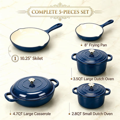 5-Piece Navy Blue Enameled Cast Iron Cookware Set | Includes 8" Frying Pan, 10" Skillet, 2.8QT and 3.5QT Dutch Ovens, and 4.7QT Casserole.2