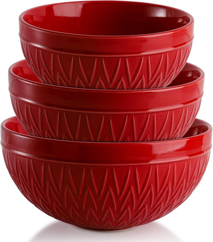 Porcelain Mixing Bowls for Kitchen, 3/1.8/1.2 Qt Ceramic Large Serving Salad Soup Bowl Set, Deep Nesting Bowl for Space Saving, 3-Piece Set, Microwave and Dishwasher Safe, Red1