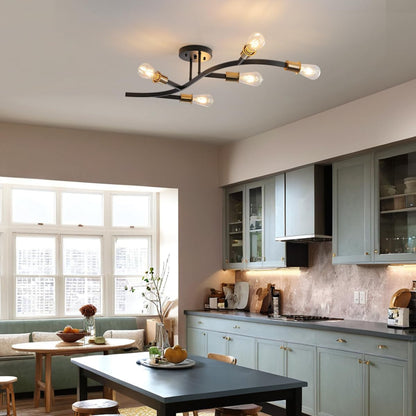 Modern Sputnik Semi Flush Mount Ceiling Light Fixture Black and Gold,5-Lights Mid Century Sputnik Chandelier for Dining Room,Kitchen,Hallway,Laundry Room,Bedroom(Bulbs Not Included)5