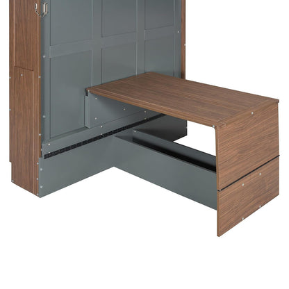 Full Size Murphy Bed Wall Beds with Foldable Desk and Hardware Chain,Cabinets Bed W/Metal Leg & Slat Support,Space Saving Bedroom Furniture for Small Space Apartment,Walnut & Gray8