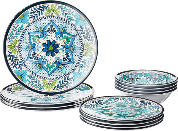 Talavera Melamine 12-Piece Dinnerware Set – Multicolored Plates and Bowls for 4, Spanish Tile-Inspired, Durable, Lightweight, Shatterproof, Dishwasher Safe, Indoor Outdoor Tableware1