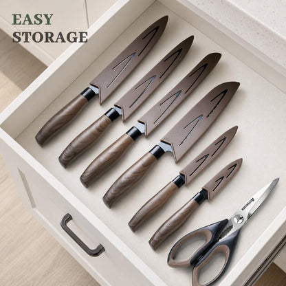 Knife Set, 13-Piece Kitchen Knives Set with 6 Blade Guards, Black Anti-Rust & Non-Stick Coating, Dishwasher Safe Stainless Steel Knives, Ergonomic Handle, Perfect for Holiday Gifts8