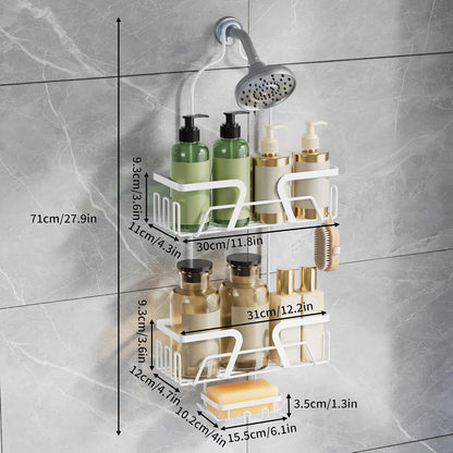 White Shower Organizer Hanging - 2 over the Shower Head Caddies + Soap Dish, Stainless Steel Rust-Free Bath Organizer5