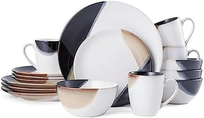 Mikasa Gourmet Basics Caden 16-Piece Stoneware Dinnerware Set, Service for 4, White Glossy Center with Black and Tan Two-Tone Reactive Glaze, Dishwasher and Microwave Safe1