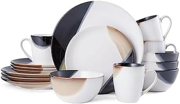 Mikasa Gourmet Basics Caden 16-Piece Stoneware Dinnerware Set, Service for 4, White Glossy Center with Black and Tan Two-Tone Reactive Glaze, Dishwasher and Microwave Safe1