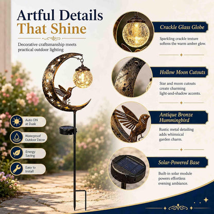 Hummingbird Moon Solar Garden Stake Light Outdoor, IP65 Waterproof Metal Pathway Decor Lamp with Crackle Glass Globe, Warm White Starry Illumination for Yard Patio Lawn (Cat & Butterfly)5