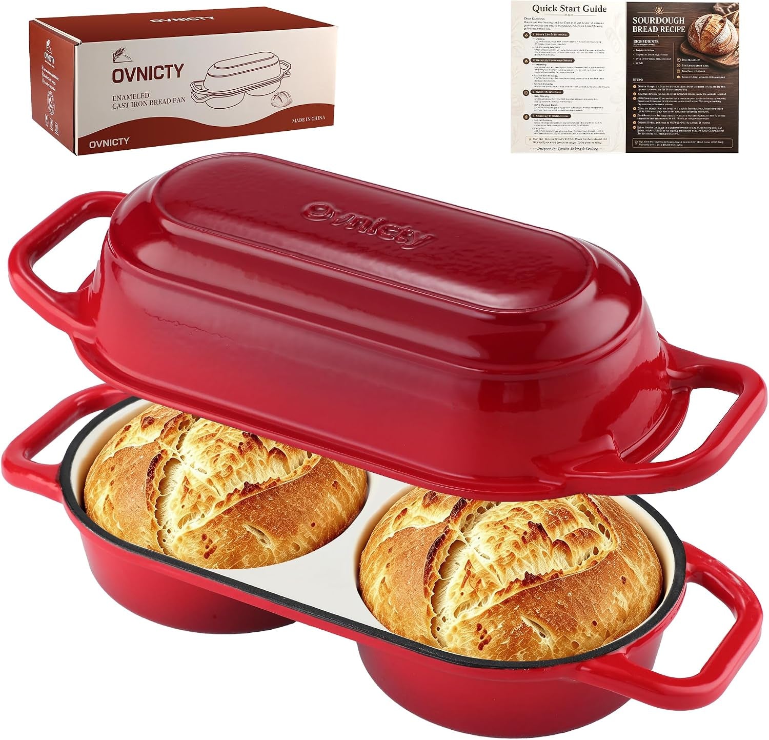 double-dutch-oven-for-sourdough-bread-baking-enameled-cast-iron-loaf-pan-with-lid-bread-pan-non-stick-double-round-loaf-space-15-3cm-diameter-ideal-for-home-bread-baking-red