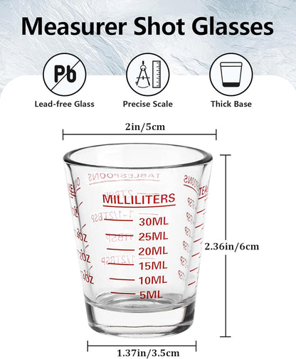 Shot Glass Measuring Cup Set, 2 Pack Espresso Shot Glasses (Red) | Glass Measuring Cups Feature 26 Markings up to 1 OZ, 2 TBS, 6 TSP, 30 ML for Espresso, Liquor, Medicine and Recipes2