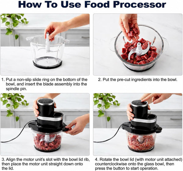3-In-1 Food Processor, 600W Meat Grinder, Vegetable Chopper & Dough Mixer | Electric Food Chooper with 3L Glass Bowl, 3 Modes for Meat, Vegetables, Nuts & Dough, Overheat Protection, Easy Lock Assembly5