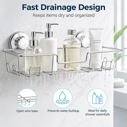 Strong Suction Cup Shower Caddy Bath Shelf Storage with 4 Side Hooks, Combo Organizer Basket for Shampoo, Conditioner, Soap, Razor Bathroom Accessories, Chrome, 2 Count9
