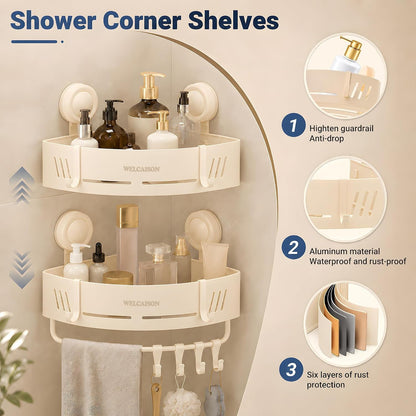 2-Pack Shower Caddy Corner Suction Cup with Bar&Hooks-Ivory3