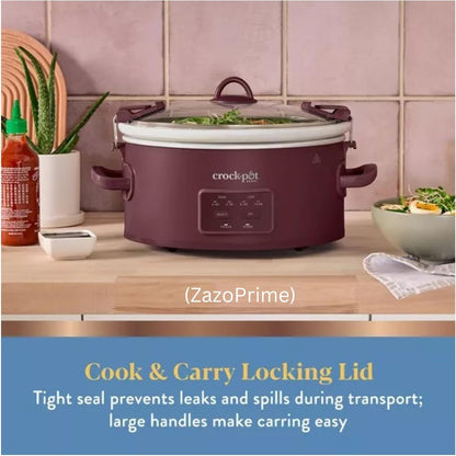 Crock-Pot 6Qt Cook & Carry Programmable Slow Cooker Ceramic Lambrusco Red: 3 Settings, Dishwasher-Safe Parts, 210W-(Zazoprime)6