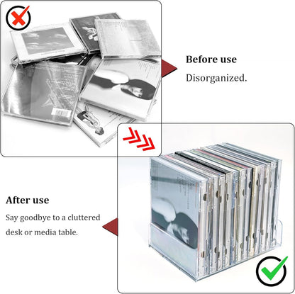 2 Pcs Clear Acrylic CD Holder, DVD/CD Display Rack & CD Storage Box & Vinyl Record Storage Stand Holds up to 14 Standard CD Cases for Media Shelf Storage and Organization4