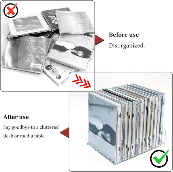 2 Pcs Clear Acrylic CD Holder, DVD/CD Display Rack & CD Storage Box & Vinyl Record Storage Stand Holds up to 14 Standard CD Cases for Media Shelf Storage and Organization4