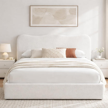 Queen Size Storage Bed Frame with 4 Pull-Out Drawers, Modern Upholstered Boucle Platform Bed with Curved Headboard, Wood Slats, No Box Spring Needed, Cream White1