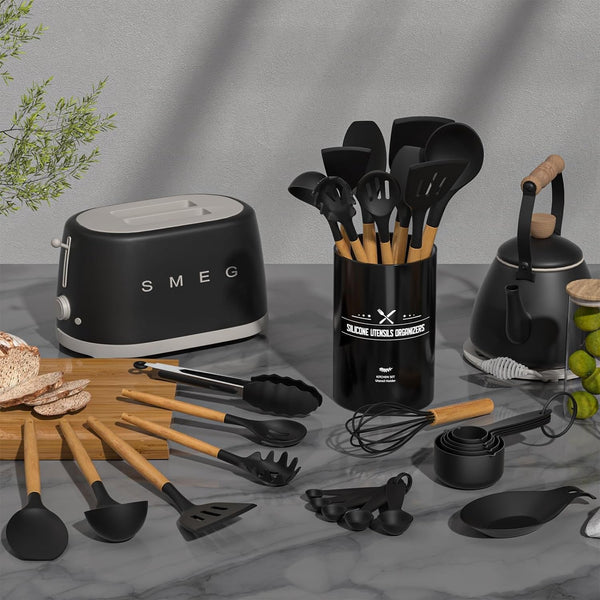 Kitchen Cooking Utensils Set, 33 Pcs Non-Stick Silicone Cooking Kitchen Spatula Set with Holder, Wooden Handle Silicone Kitchen Gadgets Utensil Set (Black)2