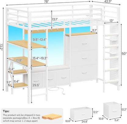 Twin Loft Bed with 6 Storage Drawers,Coat Rack and Open Shelves Metal Twin Size Loft Bed with Desk,Charging Station and LED Light,Loft Beds with Large Pegboard,Stairs and Safety Guardrail,White2