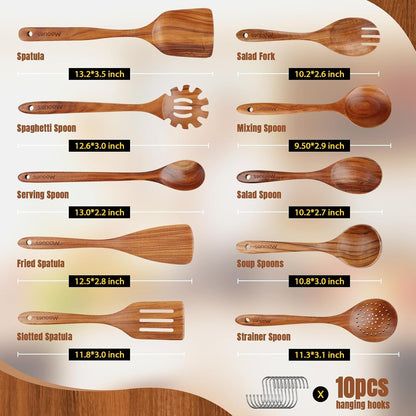 Wooden Spoons for Cooking 10PCS Teak Wood Cookware Utensil Set3
