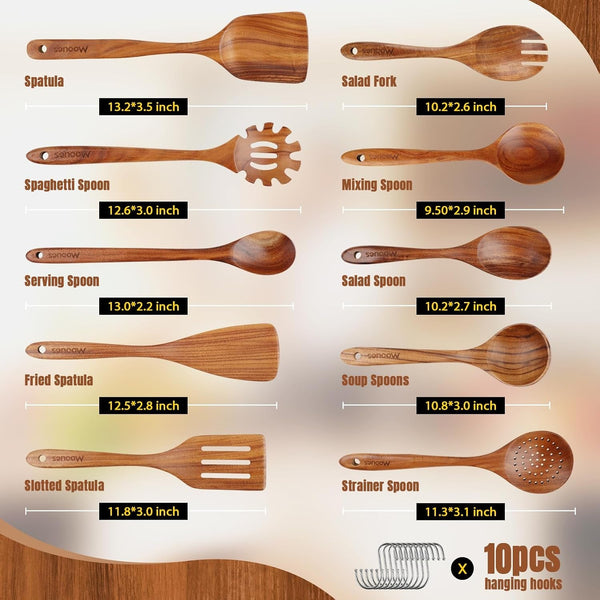 Wooden Spoons for Cooking 10PCS Teak Wood Cookware Utensil Set3