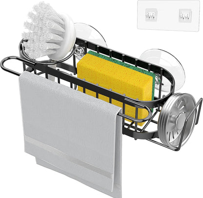Kitchen Sink Caddy Sponge Holder in the Sink, Stainless Steel Kitchen Sink Organizer, Brush Holder, Dish Cloth Hanger, Sink Stopper Holder (Suction Cup-Black)4