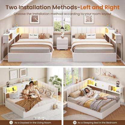 Corner Full Lift up Bed with Hydraulic Storage and Bookcase, White7