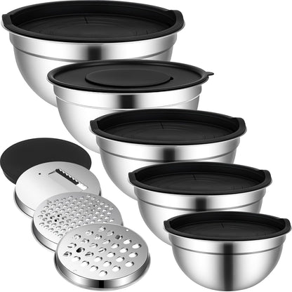 Stainless Steel Mixing Bowls with Lids, 5 Pcs Mixing Bowls with Lids Set Included 3 Grater Attachments, Size 4.5, 4, 3.5, 2.1, 1.5QT Mixing Bowl Set for Baking and Serving (Black, 5 Pack)1