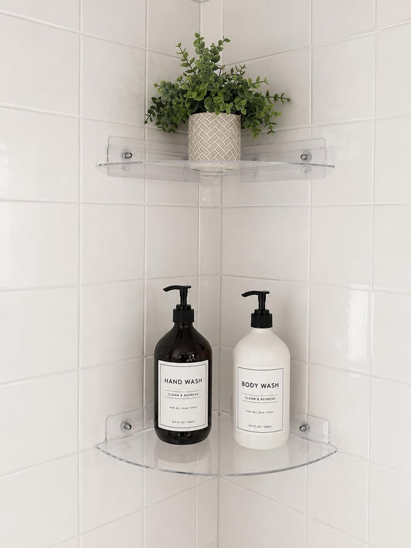 Acrylic Corner Shelf 2 Pack, Adhesive Shower Caddy, 0.12" Thick Shatter-Resistant Clear Bathroom Corner Shelves for Tile Wall, No Drill Renter Friendly, 10×10 Inch, 20 Lbs Capacity3