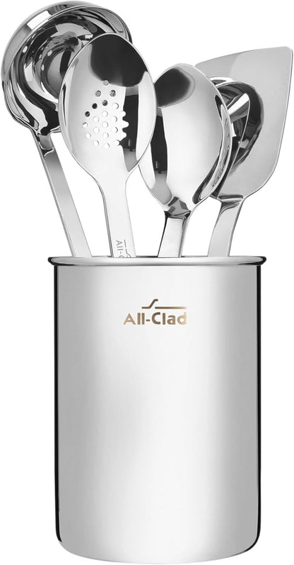 All-Clad 5-Piece Stainless Steel Kitchen Utensil Set – Includes Ladle, Solid Spoon, Slotted Spoon, Turner & Storage Caddy – Heavy-Gauge, Ergonomic, Dishwasher Safe, Silver1